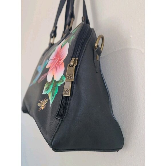 Anuschka Leather Hand Painted Wide Organizer Satchel Hummingbird Black - Picture 7 of 11
